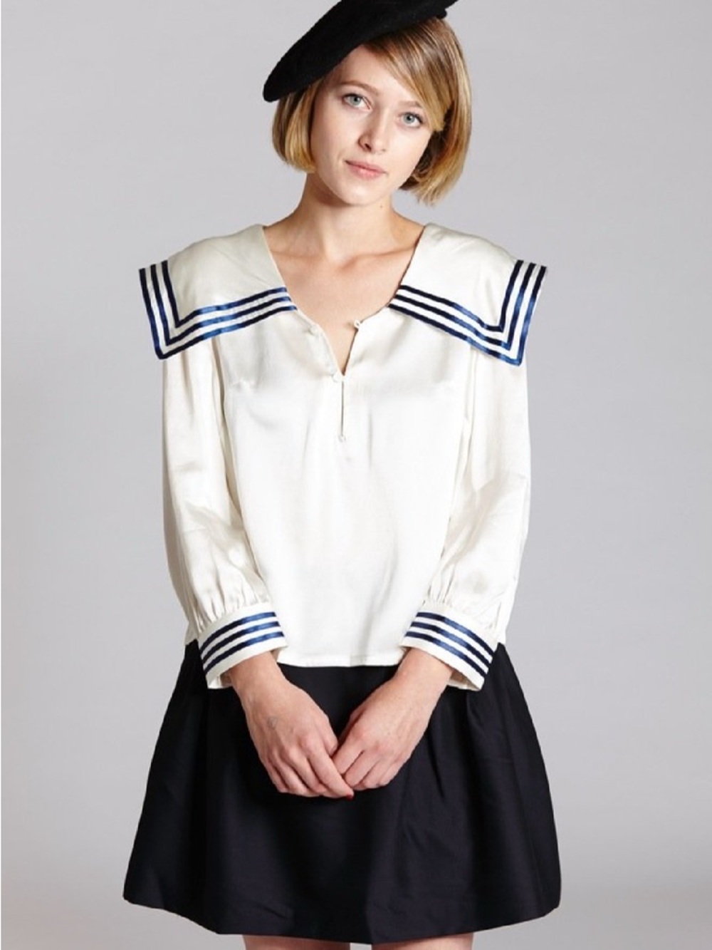 White Sailor-Collar Blouse with Navy Trim